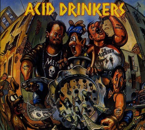 "Album cover art for 'Dirty Money Dirty Tricks' by Acid Drinkers, featuring a cartoon illustration."