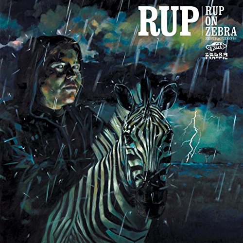 "Album cover art: man and zebra in a stormy, dark environment."