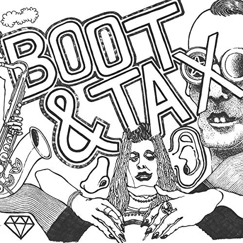 "Black and white vinyl album cover with stylized illustrations and bold typography."