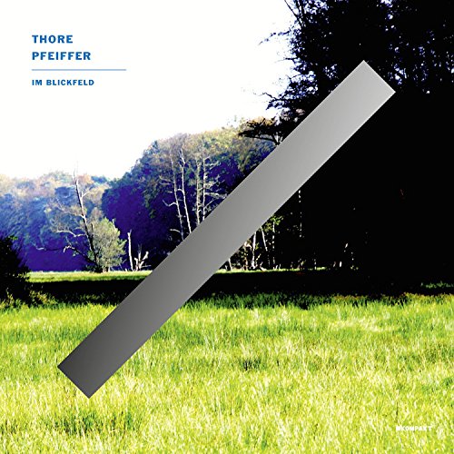"Album cover with a grey rectangle on a grassy field and trees background."