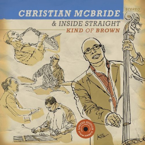 "Vinyl record cover with sketched musicians and 'Kind of Brown' title."