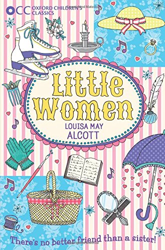 "Book cover with 'Little Women' title, surrounded by illustrations on striped and floral background."