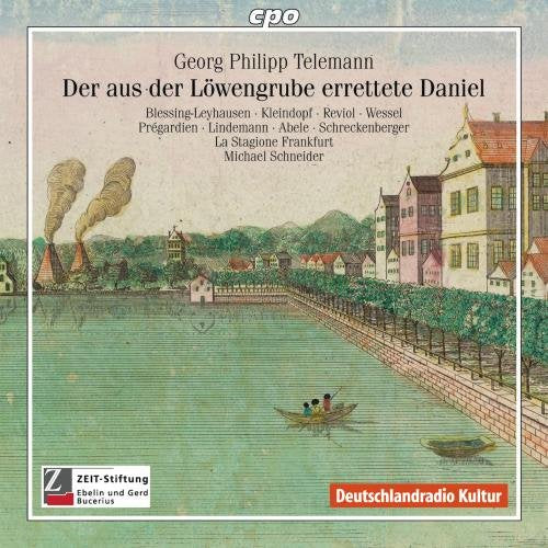 "CD cover with vintage illustration of a river scene and old European buildings."