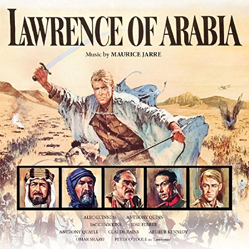 "Album cover for 'Lawrence of Arabia' soundtrack, featuring a man in desert robes holding a sword."