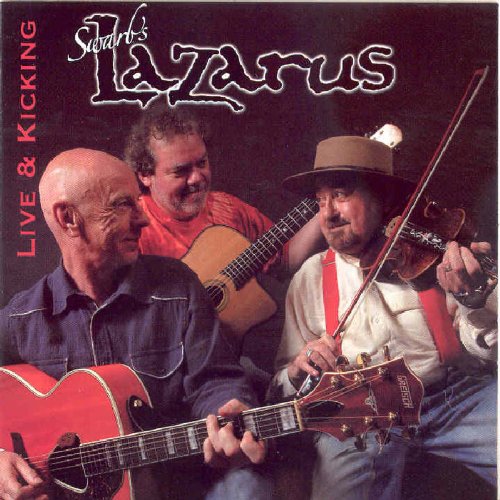 "CD cover featuring three men playing string instruments, titled 'Swarb's Lazarus: Live & Kicking'."