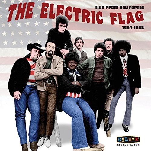 "Album cover featuring a group of men posing in front of an American flag."