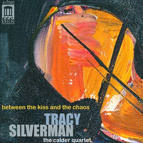 Album cover with abstract violin painting, artist and group names, and text "between the kiss and the chaos".