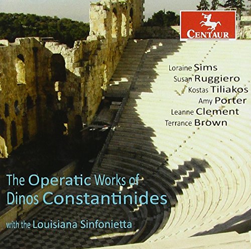 "Ancient Greek amphitheater with tiered seating, trees, and cloudy sky on a CD cover."