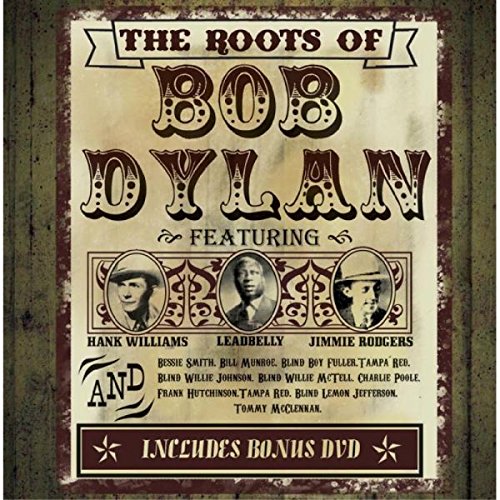 "Vintage-style album cover with 'Bob Dylan' in large red letters and three portraits."