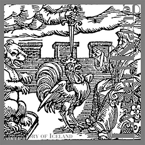"Black and white medieval-style illustration of rooster and creatures, 'Story of Iceland' at bottom."