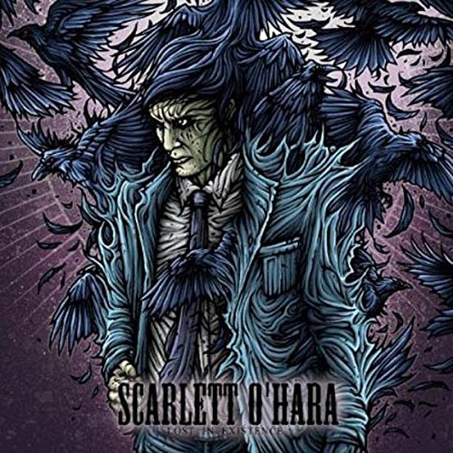 "Album cover art: man surrounded by dark birds, with text 'Scarlett O'Hara' and 'Lost In Existence'."