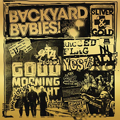 "Album cover with sepia-toned collage, graffiti, and two figures, titled 'Backyard Babies'."