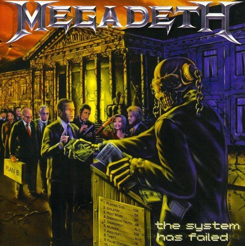 Megadeth album cover: illustration of suited figures and a grotesque figure at a ballot box.