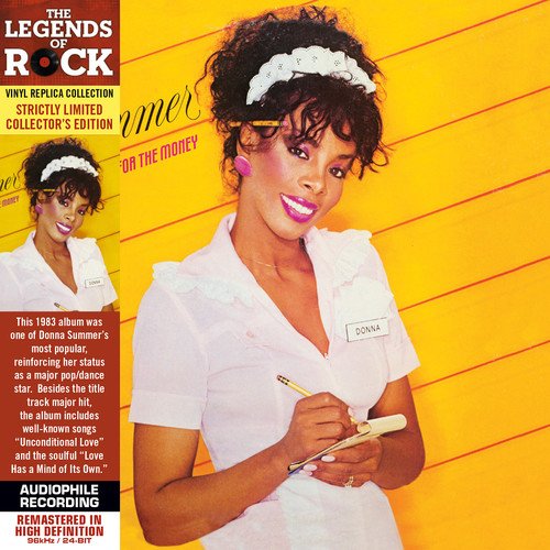 "CD cover featuring Donna Summer in white, holding a pencil, against a yellow background."