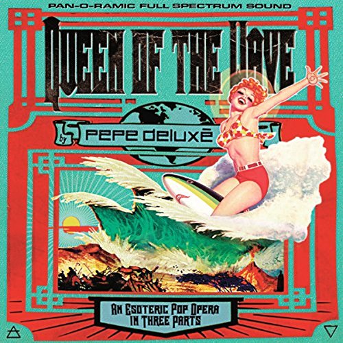 Album cover: woman surfing on a wave, red and teal retro design.