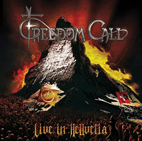 "Album cover with a burning mountain and crowd, 'Freedom Call' and 'Live in Hellvetia' text."