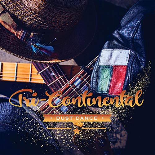 "Album cover with a person wearing a hat and holding a guitar, with Italian flag on jacket."