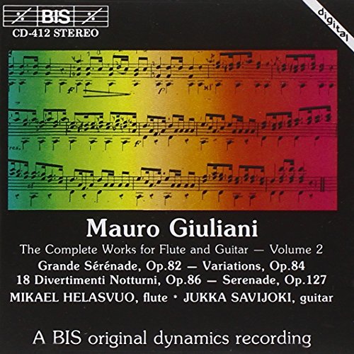Black CD cover with rainbow-colored sheet music and white text, featuring Mauro Giuliani's name.