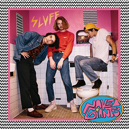"Album cover with three men posing in a bathroom, surrounded by a chevron border."
