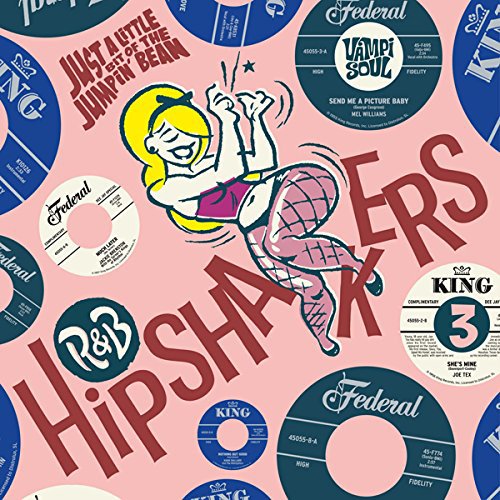 "Pink album cover with cartoon woman and vinyl records."