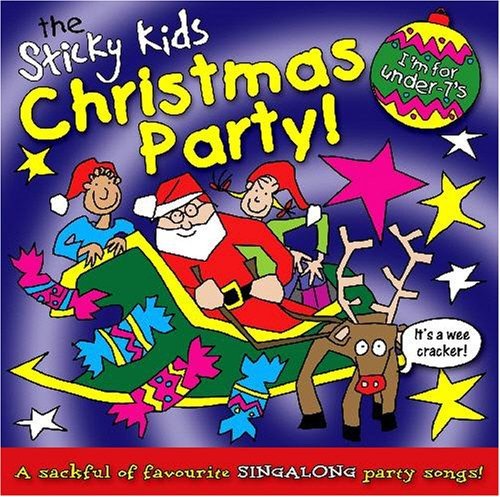 "CD cover featuring cartoon Santa and children in a sack, surrounded by stars and ornaments."