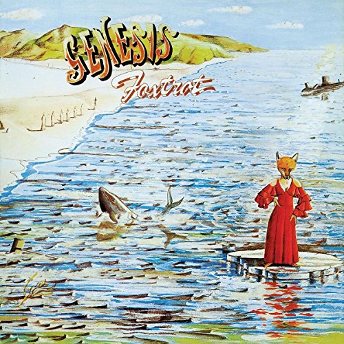"Album cover art: woman in red dress on dock with sharks and boat in water."