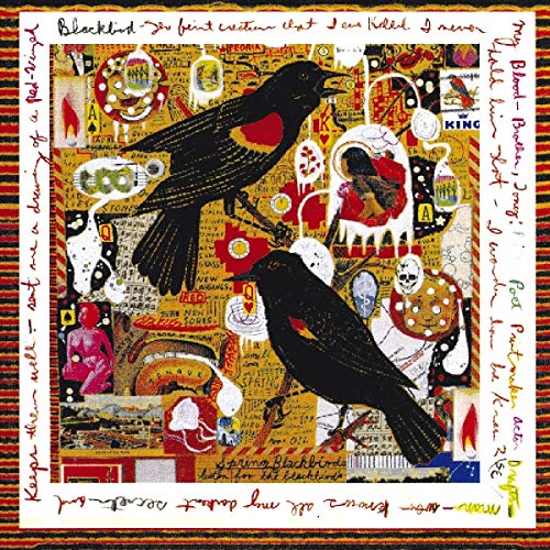 "Album cover with two black birds and collage background, surrounded by handwritten text."