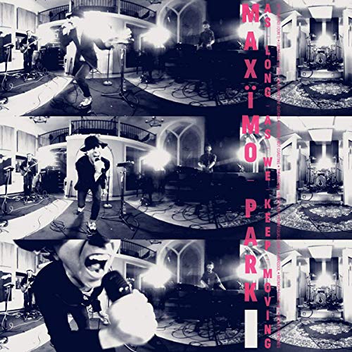 "Album cover featuring black-and-white images of a band performing, with pink text."