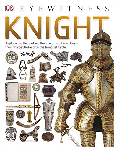 "Book cover featuring a knight in armor surrounded by medieval artifacts."