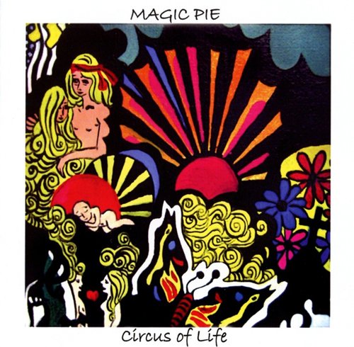 "Album cover with psychedelic illustration of figures, flowers, and abstract shapes on a black background."