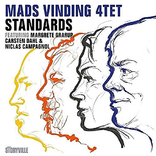"Album cover with abstract, colorful illustrations of four men's faces on a white background."