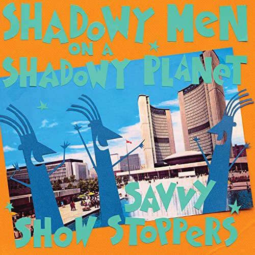 "Album cover with cartoon figures and cityscape on orange background with turquoise text."