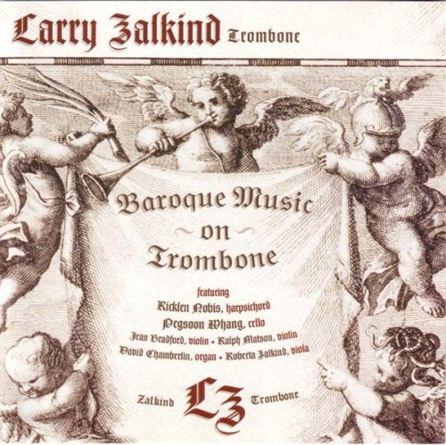 "CD cover with cherubs and banner reading 'Baroque Music on Trombone' in ornate font."