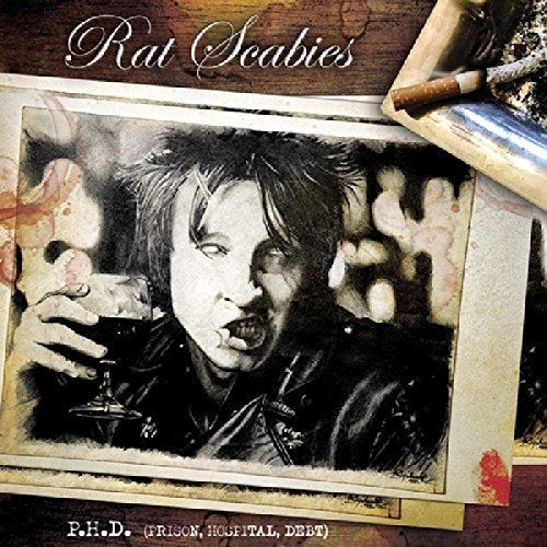 "Vinyl album cover with black and white portrait and ashtray on a wooden background."