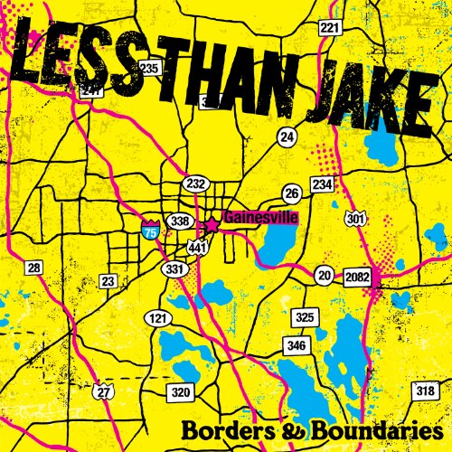 "Album cover with yellow map background, black text 'Less Than Jake' and 'Borders & Boundaries'."