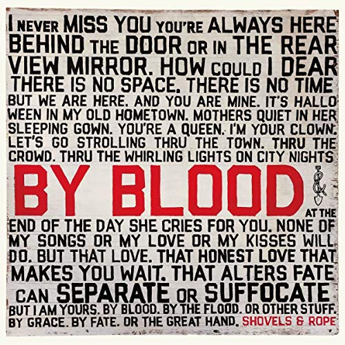 The alt text for the image is: "Album cover with song lyrics and 'By Blood' in red."