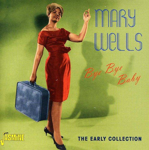 Woman in red dress holding suitcase, waving goodbye on a green album cover.