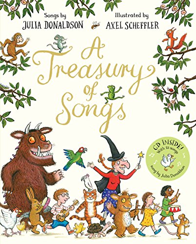 "A Treasury of Songs" children's book cover with whimsical illustrations and animals.