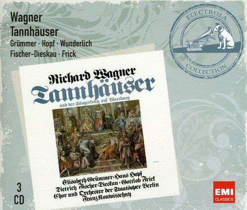 "CD cover with 'Tannhäuser' title, medieval scene image, and artist names on a grey background."