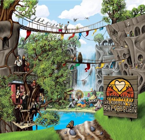"Album cover art featuring a fantasy landscape with a waterfall, trees, and people."