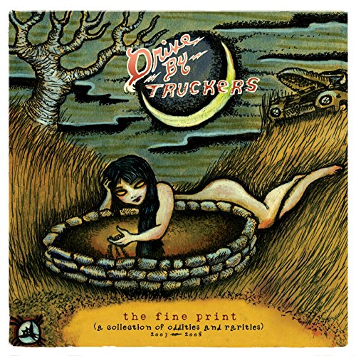 "Album cover art featuring a woman in a well, with a car and crescent moon."