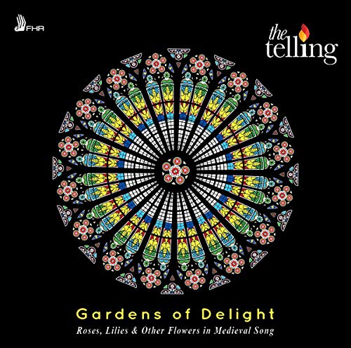 "Album cover with stained-glass rose window design on black background, text 'Gardens of Delight'."