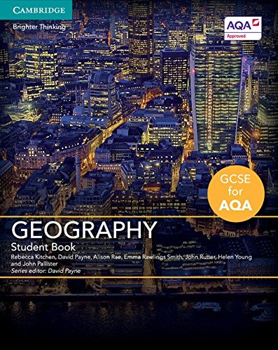 "Book cover with cityscape at night, titled 'GCSE Geography for AQA Student Book'."
