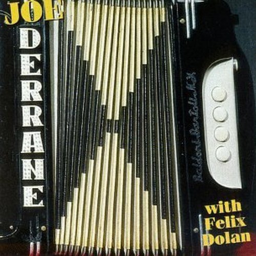 "CD cover featuring a black accordion with white keys and text 'Joe Derrane'."