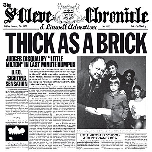 "Newspaper mockup cover with 'Thick as a Brick' headline and band photo."