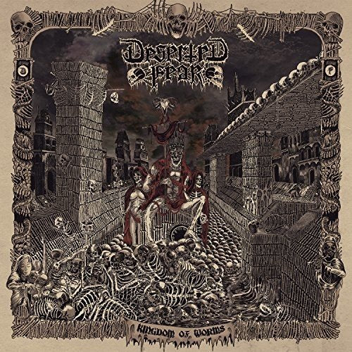 "Black and white album cover art with skeletons, skulls, and a dark castle scene."