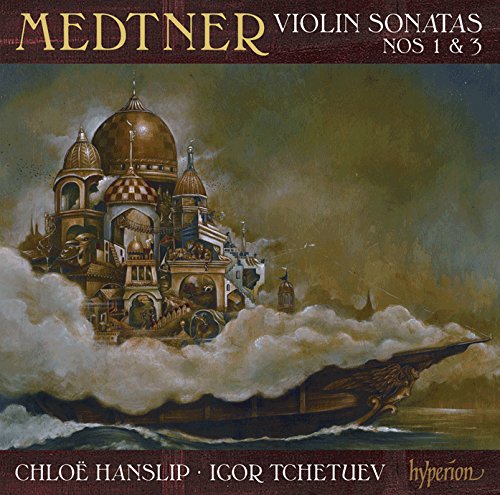 CD cover with fantasy castle on waves, featuring "Medtner Violin Sonatas" and artist names.