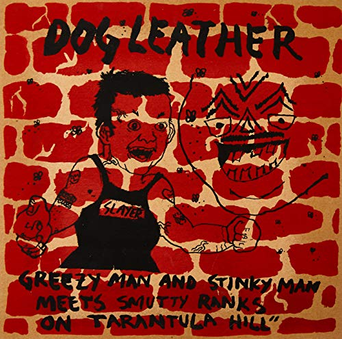 "Album cover with cartoon man and spider, red brick background, black and red illustration."