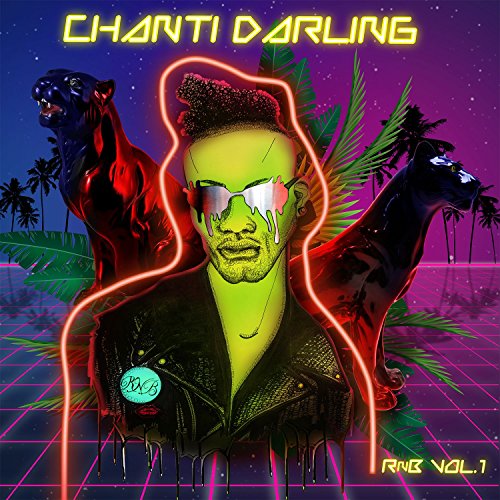 "Album cover with man surrounded by panthers, neon lights, and tropical background."