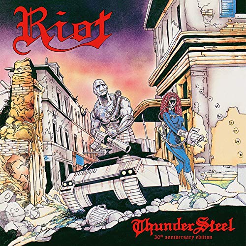 "Album cover art featuring a robot and a woman amidst war-torn buildings."